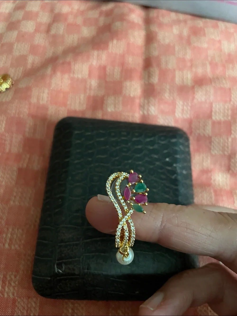 Gold-Tone Pink & Green Stone Drop Earrings with Pearl Accent